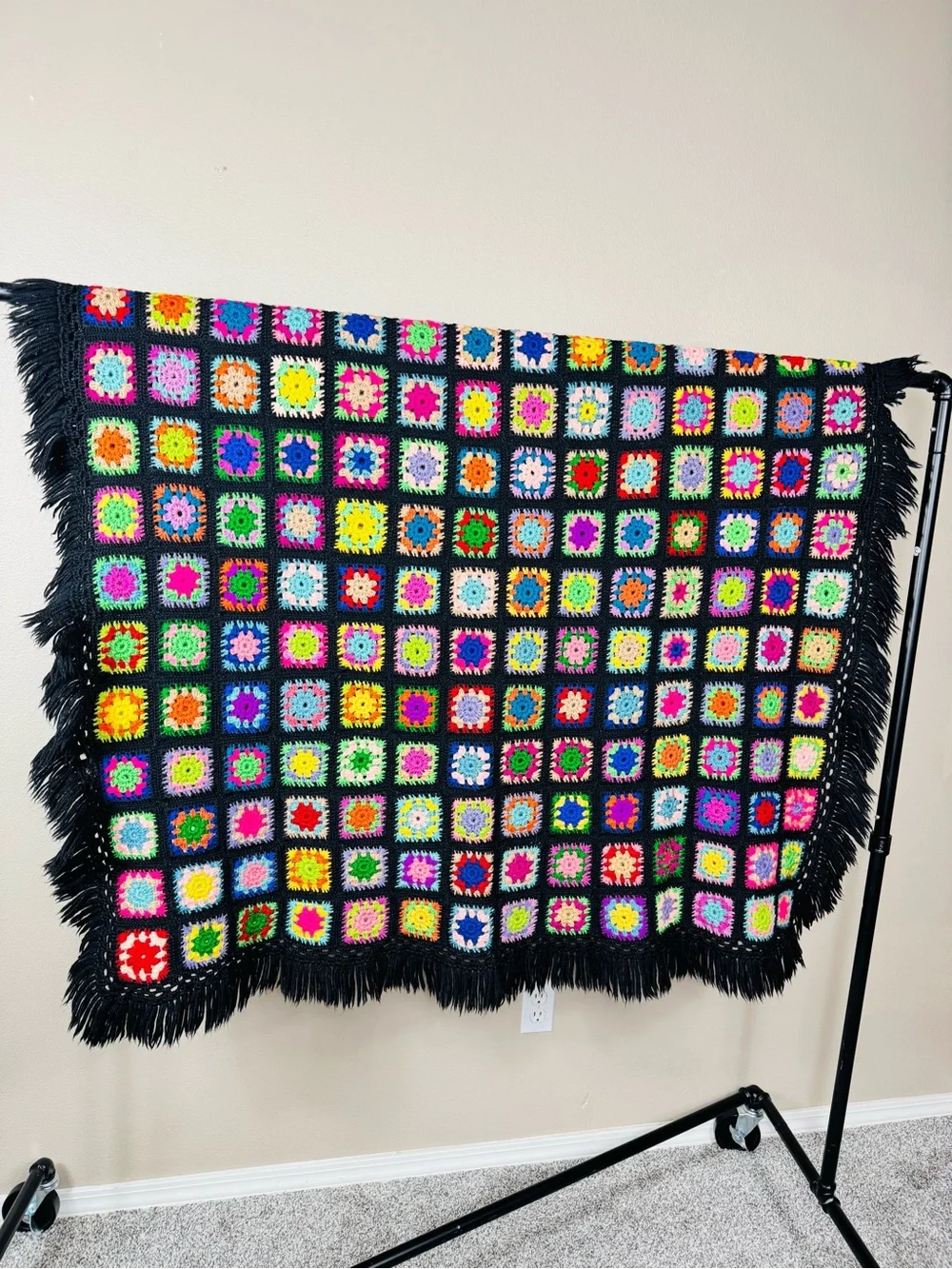 Vintage Granny square blanket black multicolor wool tight weave fringe trim EUC